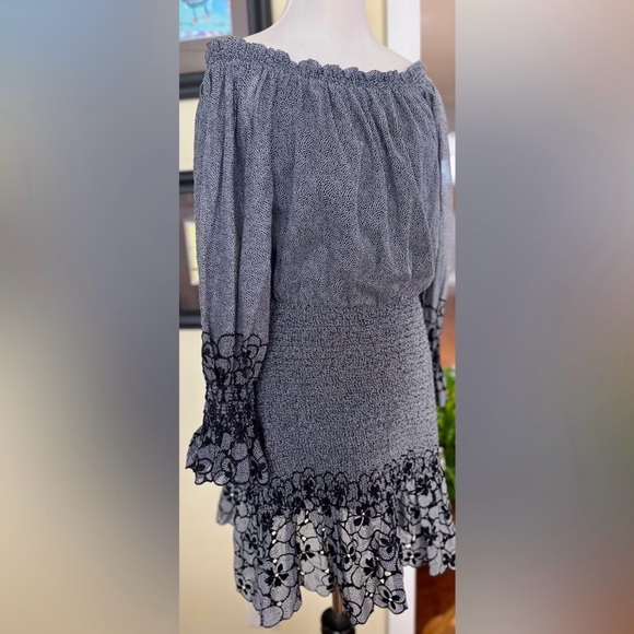 ALEXIS Dress Navy White Dots Smocked Waist
Off Shoulder Floral Eyelet Trim SZ L - Picture 2 of 7